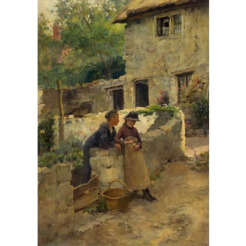 fig 3. German School, Village Scene With Young Couple - Antique Oil Painting 