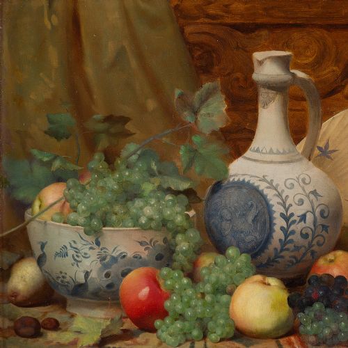 fig 1. Auguste Braekevelt, Still Life With Fruit, Bowl & Jug - Antique Oil Painting 