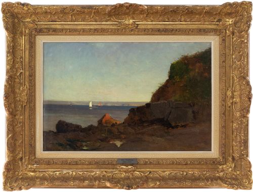 Alfred Wahlberg, Coastal View with Sailboats - Antique Oil Painting