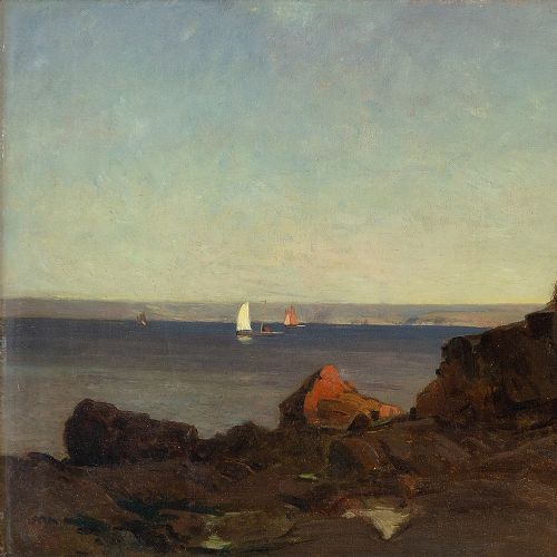 fig 1. Alfred Wahlberg, Coastal View With Sailboats - Antique Oil Painting 