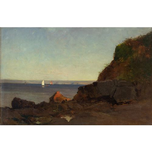 fig 2. Alfred Wahlberg, Coastal View With Sailboats - Antique Oil Painting 