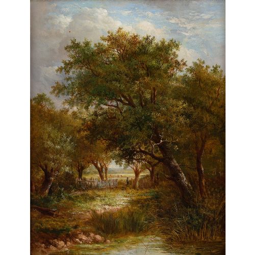 fig 1. Joseph Thors, Rural Landscape With Riverbank - Antique Painting 