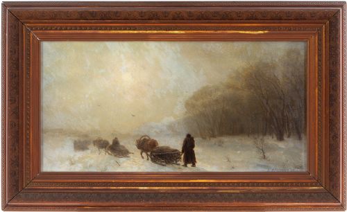 19th-century Russian School, Winter Landscape with Horse Drawn Sleighs - Antique Oil Painting