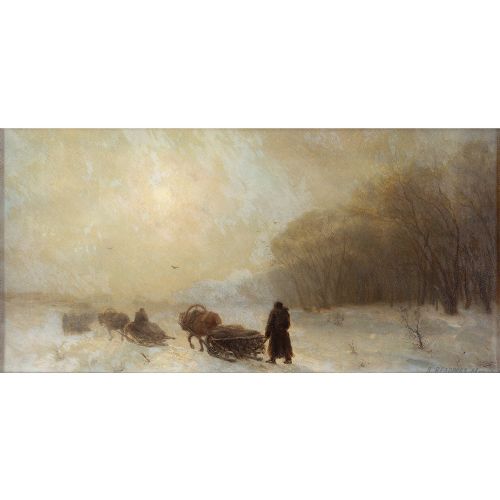 fig 1. 19th-Century Russian School, Winter Landscape With Horse Drawn Sleighs - Antique Oil Painting 