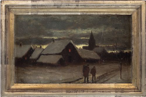 19th-century German School, Wintery Village Scene with Figures - Antique Oil Painting