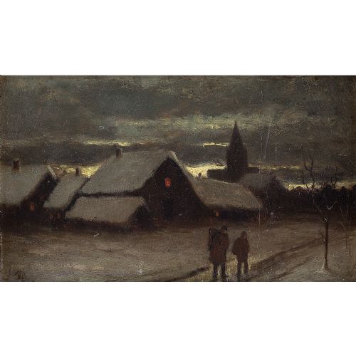 fig 1. 19th-Century German School, Wintery Village Scene With Figures - Antique Oil Painting