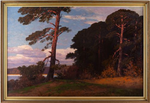 Rudolf Hellgrewe, Landscape with Pine Trees & Lake - Antique Oil Painting