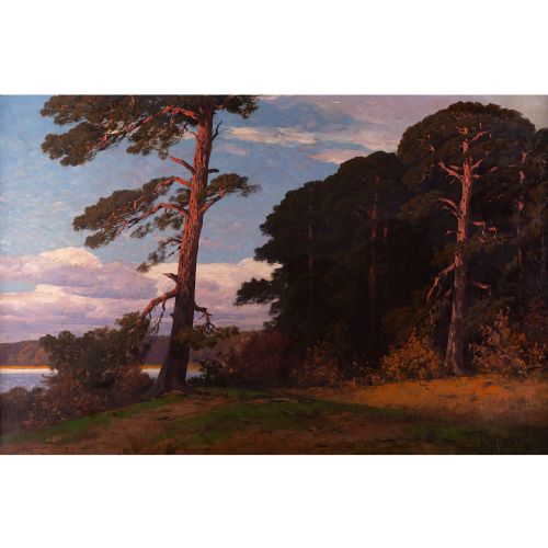 fig 1. Rudolf Hellgrewe, Landscape With Pine Trees & Lake - Antique Oil Painting 