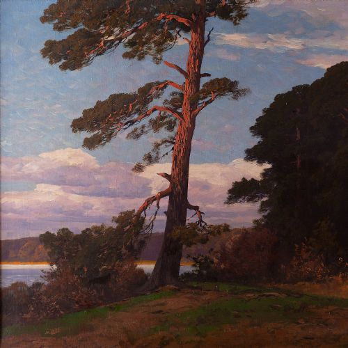fig 2. Rudolf Hellgrewe, Landscape With Pine Trees & Lake - Antique Oil Painting 