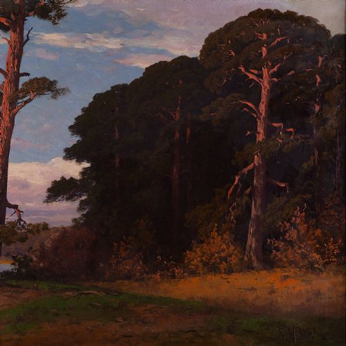 fig 3. Rudolf Hellgrewe, Landscape With Pine Trees & Lake - Antique Oil Painting 