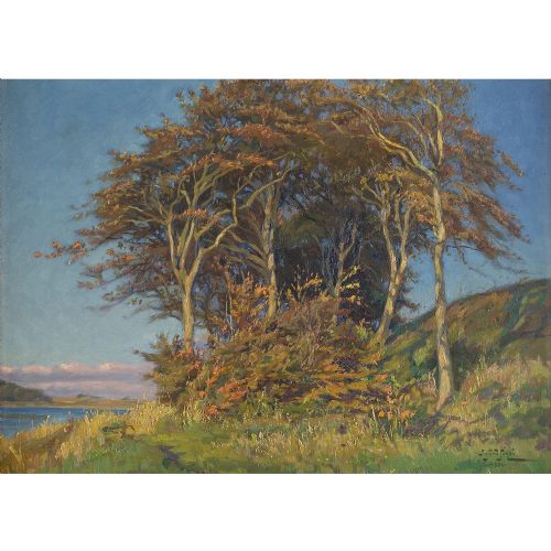 fig 1. Sigurd Solver Schou, Autumnal Landscape With Lake - Vintage Oil Painting 