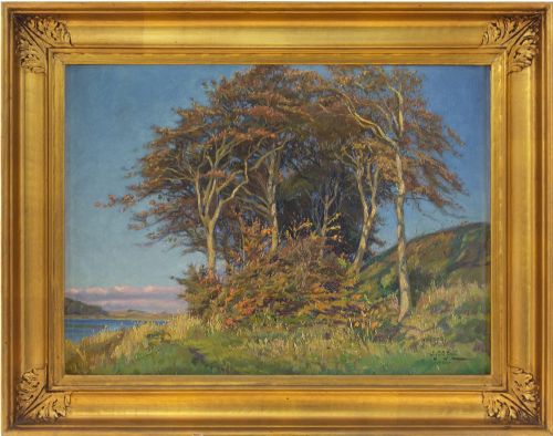 Sigurd Solver Schou, Autumnal Landscape with Lake - Vintage Oil Painting