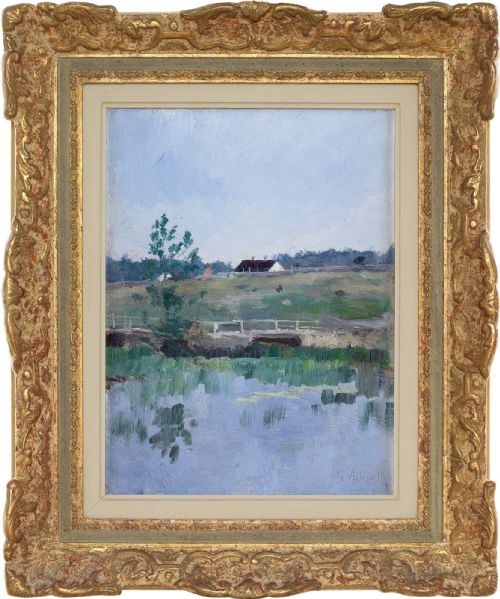 German School, Impressionistic Landscape with Lake - Antique Oil Painting