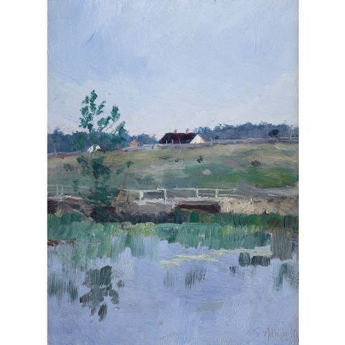 fig 1. German School, Impressionistic Landscape With Lake - Antique Oil Painting