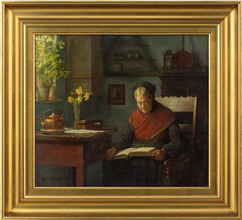 Gustav Vermehren, Interior Scene with Woman Reading - Antique Oil Painting