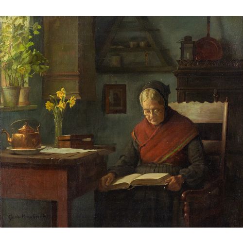fig 1. Gustav Vermehren, Interior Scene With Woman Reading - Antique Oil Painting