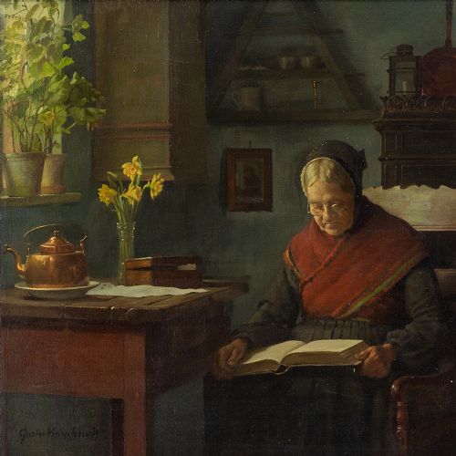fig 2. Gustav Vermehren, Interior Scene With Woman Reading - Antique Oil Painting