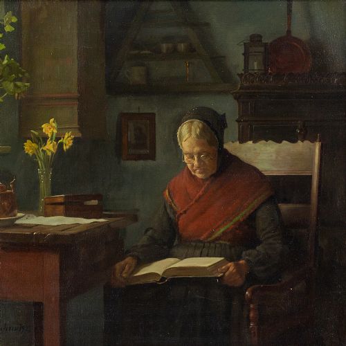 fig 3. Gustav Vermehren, Interior Scene With Woman Reading - Antique Oil Painting