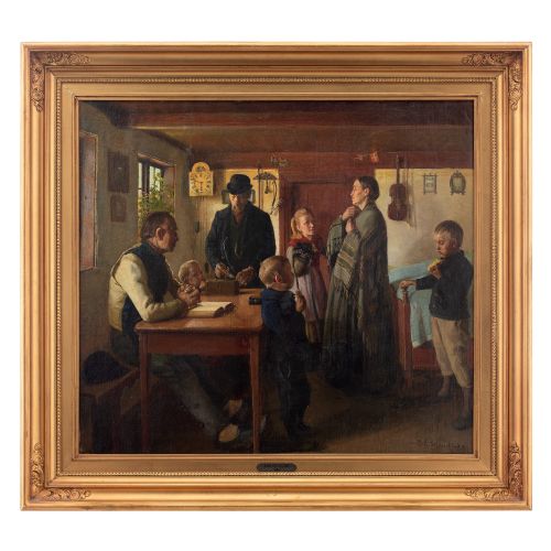 Hans Andreasen Hessellund, Farmhouse Interior Scene with Family - Antique Oil Painting