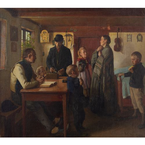 fig 1. Hans Andreasen Hessellund, Farmhouse Interior Scene With Family - Antique Oil Painting