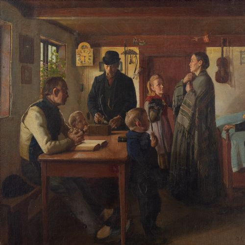 fig 2. Hans Andreasen Hessellund, Farmhouse Interior Scene With Family - Antique Oil Painting