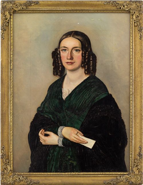 19th-century Austrian School, Portrait of a Lady Holding a Letter - Antique Oil Painting