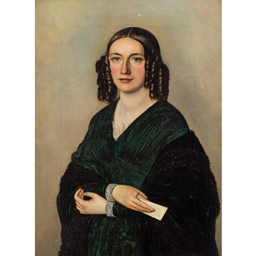 fig 1. 19th-Century Austrian School, Portrait Of A Lady Holding A Letter - Antique Oil Painting