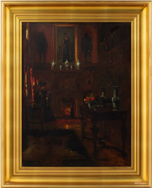 19th-century Danish School, Drawing Room with Seated Lady - Antique Oil Painting