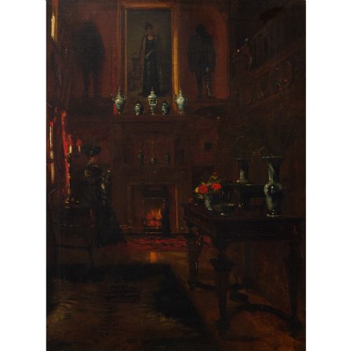 fig 1. 19th-Century Danish School, Drawing Room With Seated Lady - Antique Oil Painting