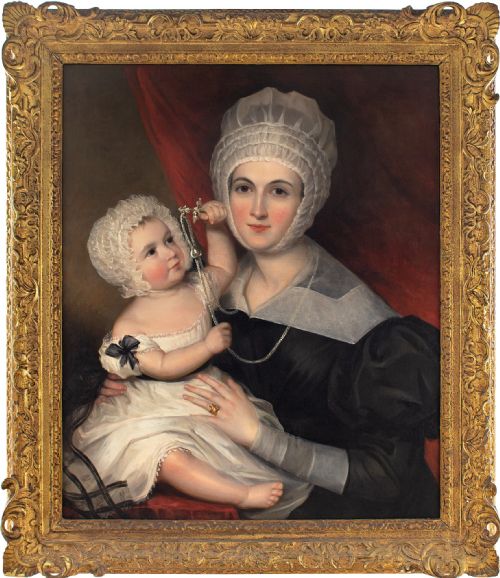 19th-century English School Portrait of a Lady & Child - Antique Oil Painting