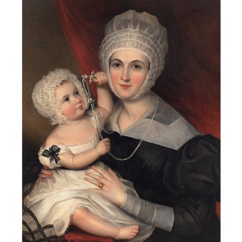 fig 1. 19th-Century English School Portrait Of A Lady & Child - Antique Oil Painting