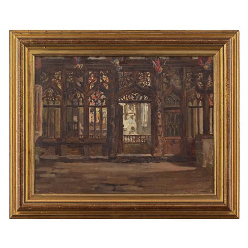 George Hervey Garraway, Church Interior with Rood Screen - Antique Oil Painting