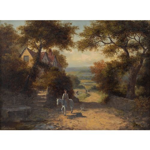 fig 1. George Farrington Hornibrook, Rural Scene With Rider & Cottage - Antique Oil Painting