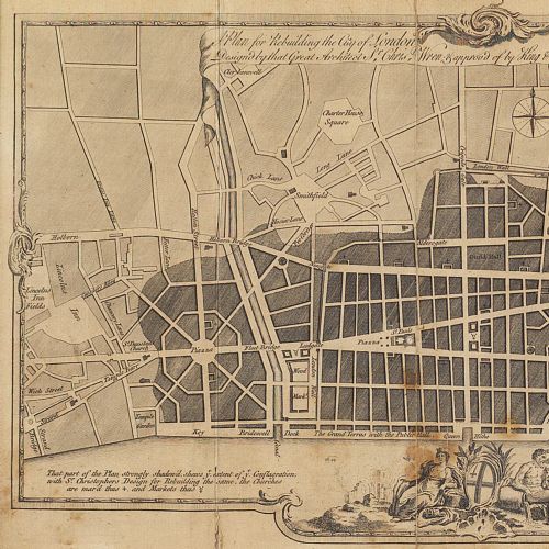 fig 1. Christopher Wren’s Plan For Rebuilding The City Of London, Antique Engraving