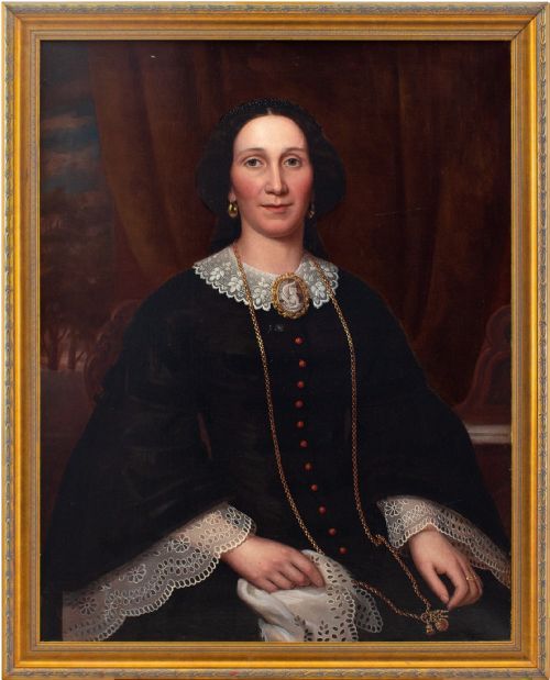 19th-century Portrait of a Lady with a Leda & the Swan Cameo Brooch - Antique Oil Painting