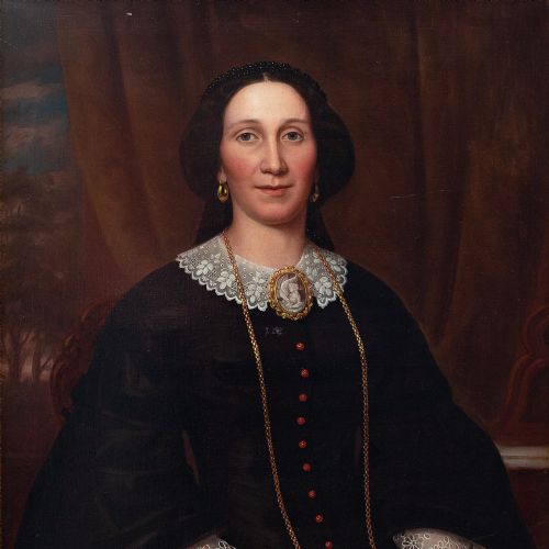 fig 1. 19th-Century Portrait Of A Lady With A Leda & The Swan Cameo Brooch - Antique Oil Painting