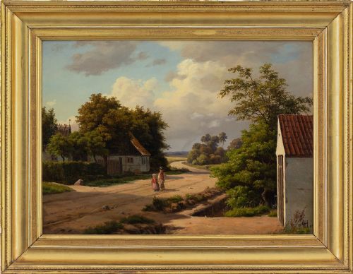 Carsten Henrichsen, Rural Landscape with Children - Antique Oil Painting