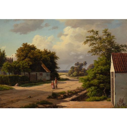 fig 1. Carsten Henrichsen, Rural Landscape With Children - Antique Oil Painting