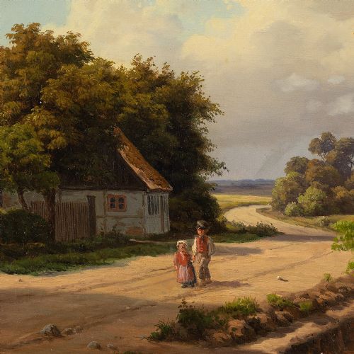 fig 3. Carsten Henrichsen, Rural Landscape With Children - Antique Oil Painting