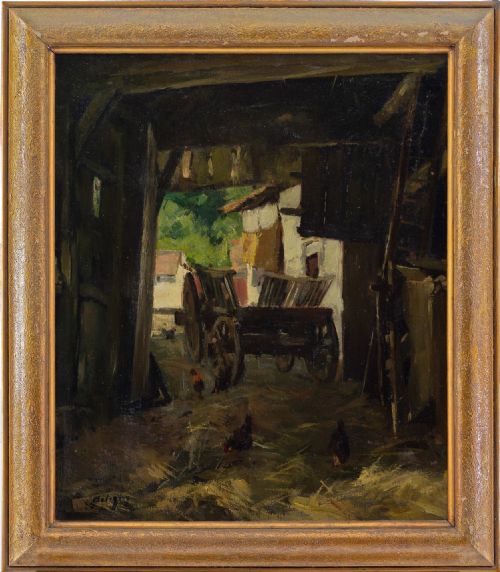 Ernest Betigny, Rustic Barn with Chickens & Cart - Antique Oil Painting