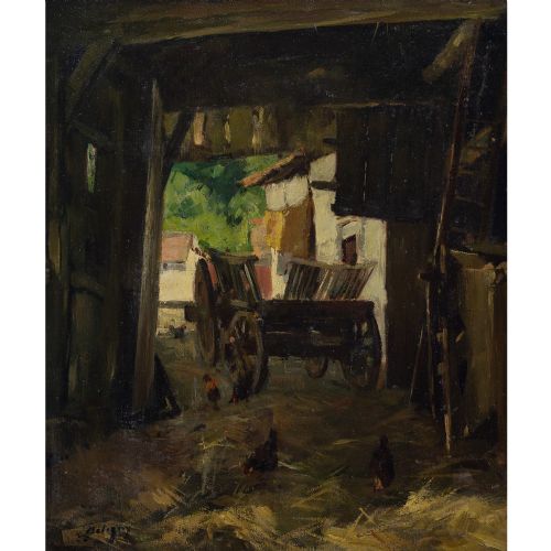 fig 1. Ernest Betigny, Rustic Barn With Chickens & Cart - Antique Oil Painting