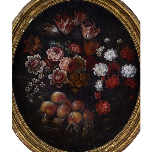 fig 1. 18th-Century Italian School Still Life With Flowers, Peaches & Figs - Antique Oil Painting