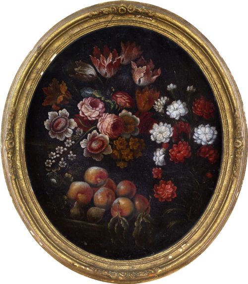 18th-century Italian School Still Life with Flowers, Peaches & Figs - Antique Oil Painting