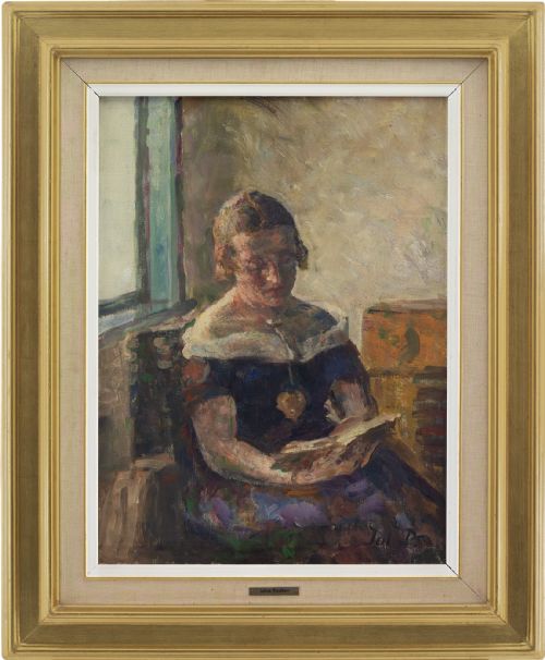 Julius Paulsen, Portrait of a Young Woman Reading - Antique Oil Painting
