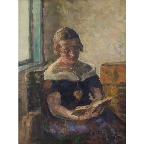 fig 1. Julius Paulsen, Portrait Of A Young Woman Reading - Antique Oil Painting