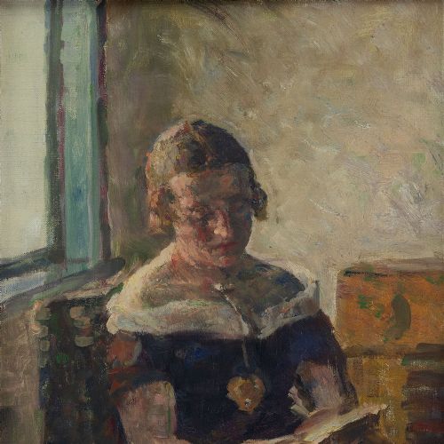 fig 2. Julius Paulsen, Portrait Of A Young Woman Reading - Antique Oil Painting