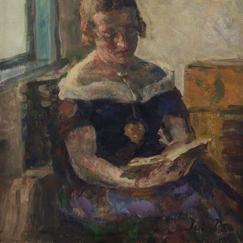 fig 3. Julius Paulsen, Portrait Of A Young Woman Reading - Antique Oil Painting