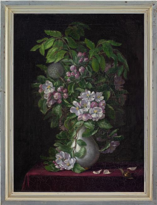 19th-century Danish School, Still Life with Apple Blossom - Antique Oil Painting