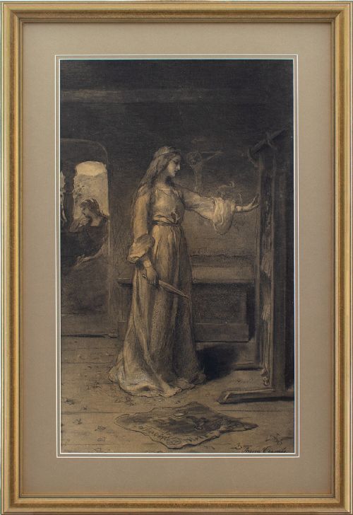 Anna Cramer, Interior Scene with Woman Holding a Dagger - Antique Drawing