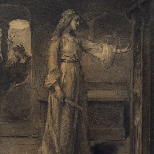 fig 1. Anna Cramer, Interior Scene With Woman Holding A Dagger - Antique Drawing 